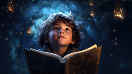 A little boy reads a book against the background of the starry sky. Generation AI © MiaStendal