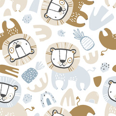 Vector seamless pattern with cute lions, pineapples and rainbows on a white. Print for kids with African animals. Jungle, tropical hand drawn texture for fabric, children's clothes, textiles.