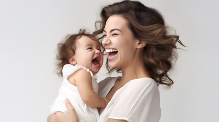 Young girl, mother holding a child in her arms, smile, happiness. Generation AI