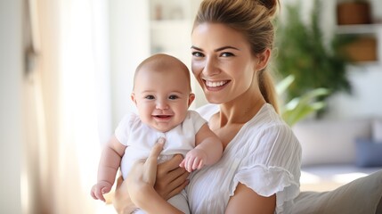 Young girl, mother holding a child in her arms, smile, happiness. Generation AI