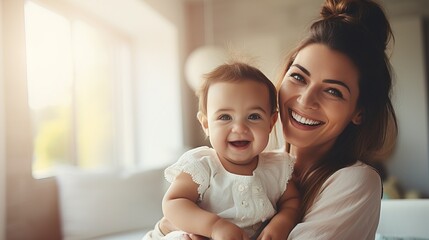 Young girl, mother holding a child in her arms, smile, happiness. Generation AI