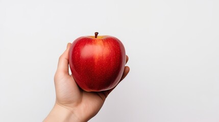 Hand holding red apple isolated white background. AI generated