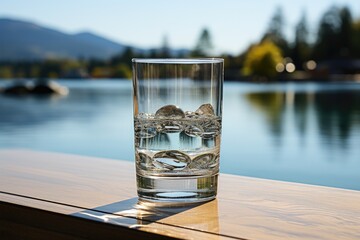 Glass of fresh water on light grey table outdoors, closeup.