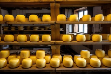 Many heads of yellow dutch cheese in wax ripen on wooden shelves in a cheese factory.