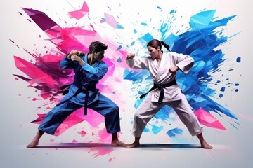 Two people practicing karate kicks, illustration