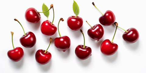 Beautifully placed cherries on a white background