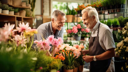 Owner of a flower shop talks to a customer to help him choose a bouquet of flowers