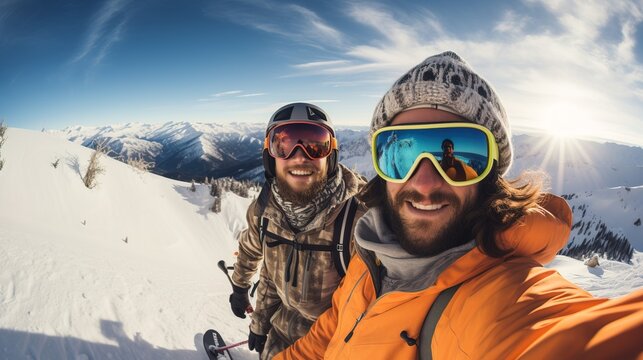 A cheerful group of snowboarders in the mountains, skiing on the slopes of the mountains. Generation AI