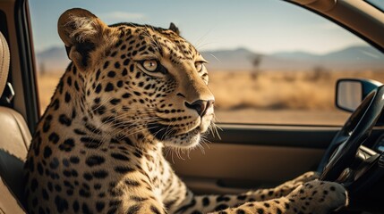 Photo of a leopard sitting in the driver's seat of a car