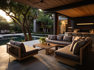 outdoor living room with a pool and deck furniture