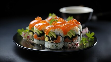 Photo of a delicious plate of sushi and a cup of coffee on a table