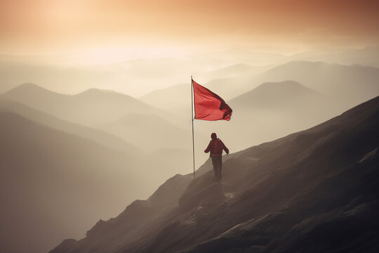 Reaching a goal concept - mountaineer with red flag on mountain with Generative AI technology