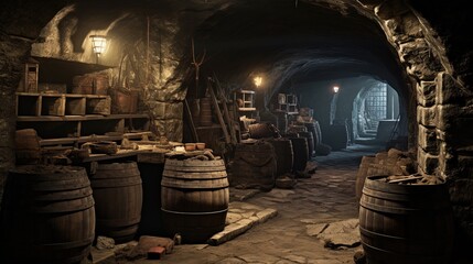 An ancient cellar with barrels of wine. Generation AI - obrazy, fototapety, plakaty