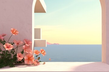 Abstract summer beach scene with a podium background. 3d rendering. generative ai.