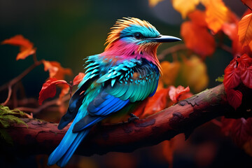 Colorful bird perched on red tree branch, showcasing beauty of wildlife in nature.