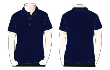 Men's blank navy blue short sleeve polo shirt template on white background.Front and back view, vector file