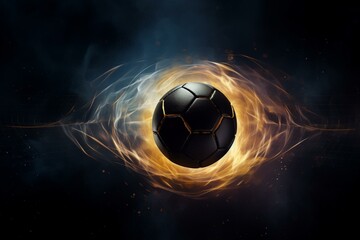 Illustration of a 3D dark blue-gold soccer ball in the goal net surrounded by black background and smoky mist. Generative AI