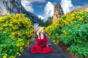 Flower in garden at Phu tawan resort with asian woman traveller on ban mung, phitsanulok Thailand. - 647309811