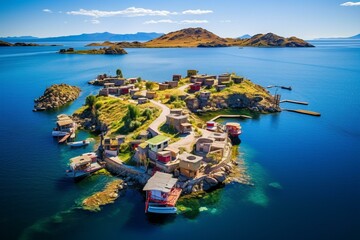 Scenic islands on Titicaca Lake in Puno, Peru, South America. Generative AI - obrazy, fototapety, plakaty