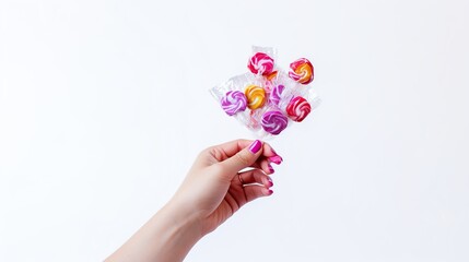Hand holding candy isolated white background. AI generated