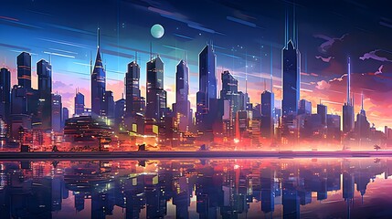 Freehand-Style Illustration of Futuristic City Skyline, Generative AI