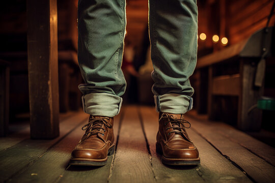 Close up generative AI photography of male legs in comfort fashionable leather warm shoes