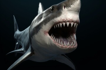 A 3D rendering of a powerful marine predator - a great white shark with its mouth wide open, revealing its razor-sharp teeth. Generative AI