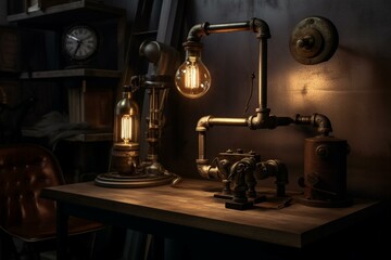 Fototapeta na wymiar Dimly lit industrial interior with a steampunk-inspired pipe lamp. Generative AI