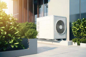 Air heat pump standing outdoors on the house exterior wall