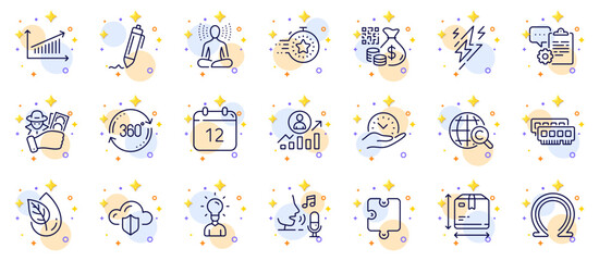 Outline set of Clipboard, Chart and Organic product line icons for web app. Include Timer, Omega, Box size pictogram icons. Puzzle, Education, Qr code signs. Annual calendar, Safe time. Vector