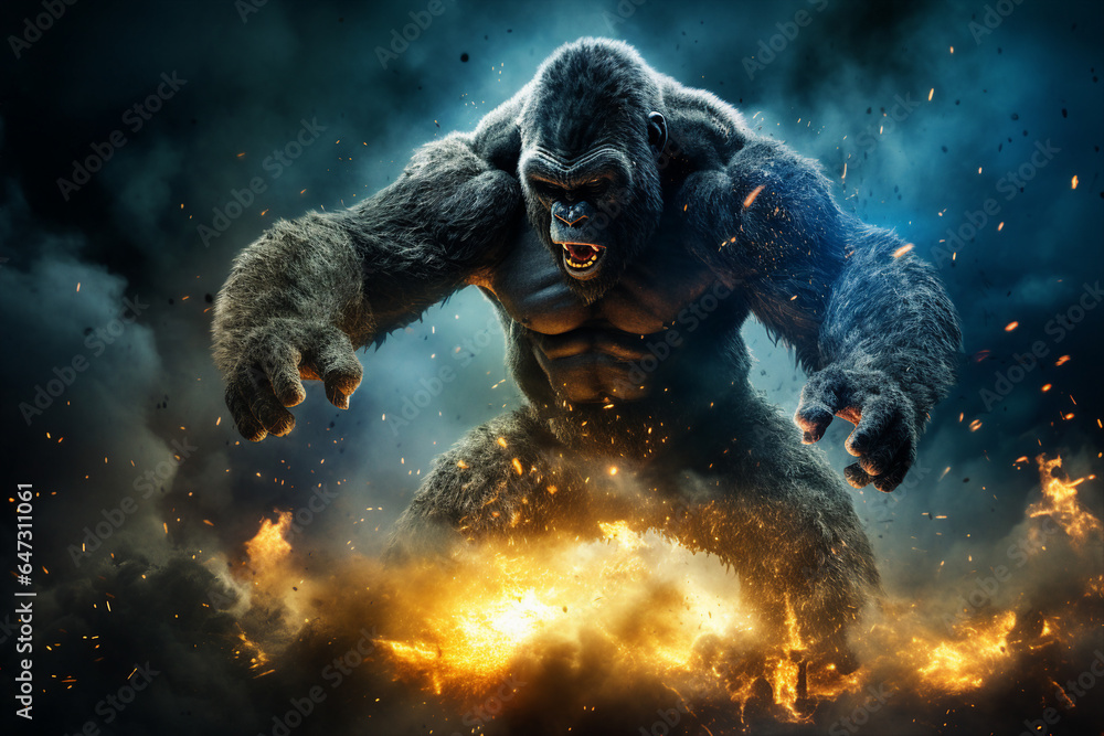Poster generative ai collage photo of aggressive beast giant gorilla king kong using magic in fight - Posters