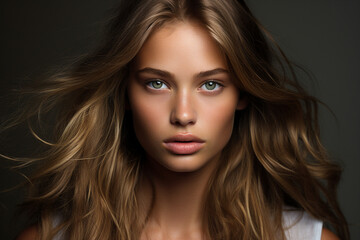 Naklejka premium Generative Ai portrait of young pretty woman natural beauty brown volume hairstyle on background
