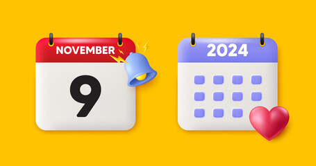 Calendar date 3d icon. 9th day of the month icon. Event schedule date. Meeting appointment time. 9th day of November month. Calendar event reminder date. Vector