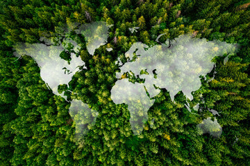 Global map against a woodland with cloudy sky - global village and environmental conservation concept.