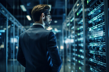 Generative ai collage image photo of professional it specialist analyzing data warehouse room