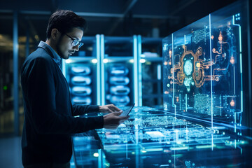 Generative ai collage image photo of professional it specialist analyzing data warehouse room