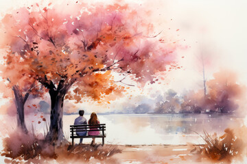 Fototapeta premium Couple enjoying Leaf Peeping fall foliage in the park in autumn