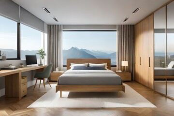 a bedroom with wooden furniture Generated Ai