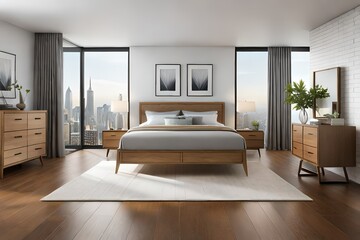 a bedroom with wooden furniture Generated Ai