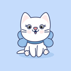 Cute kitten in kawaii style with a blue bow on his neck