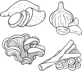 vegetables set - spring onion, mushroom, garlic, black and white, black line vector