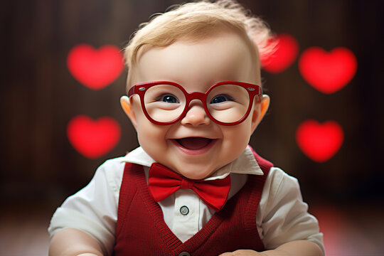 Image photo of cheerful beautiful kid wearing stylish big red glasses on valentine day generative AI concept