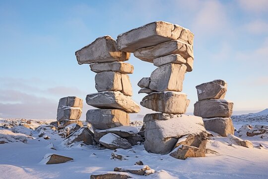 Snow-covered inukshuk landmark on hilltop in Rankin Inlet, Nunavut, Canada. Generative AI