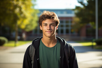 Generative AI photography of happy cheerful male graduate going to school on a sunny september day