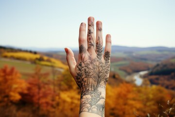 Autumn tattoo ideas. Hand with thin line monochrome tattoo of autumn landscape background - Powered by Adobe