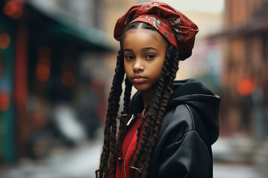 Generative AI photography of beautiful girl with braids and dreadlocks walking evening city streets