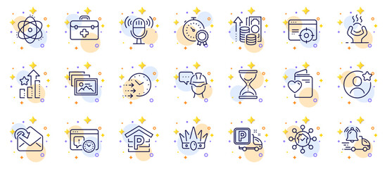 Fototapeta na wymiar Outline set of First aid, Delivery time and Time hourglass line icons for web app. Include Seo targeting, Difficult stress, Foreman pictogram icons. Receive mail, Best friend. Vector