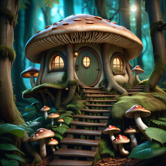 Mushroom-shaped hobbit house in the forest Surrounded by big tre - obrazy, fototapety, plakaty
