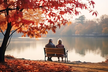 Couple enjoying Leaf Peeping fall foliage in the park in autumn