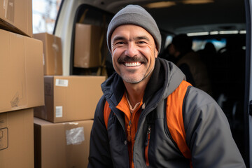 Fototapeta na wymiar Happy Smiling Delivery Man Standing with Truck bokeh effect with lots of blur